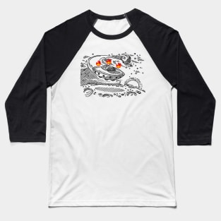 Flying Saucer Approaching Fire Planet Baseball T-Shirt